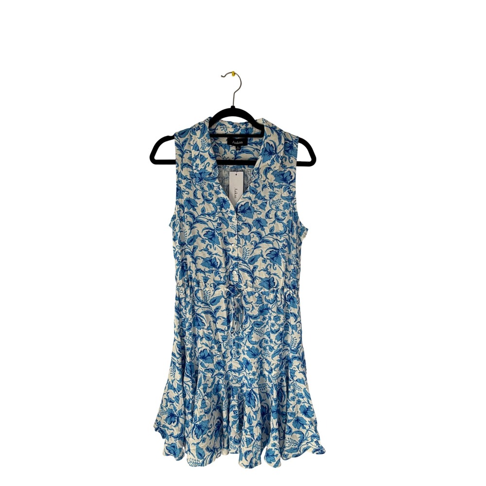 Aakaa Womens Blue Floral Sleeveless Ruffle Hem Shirt Dress DA30739D Small NWT